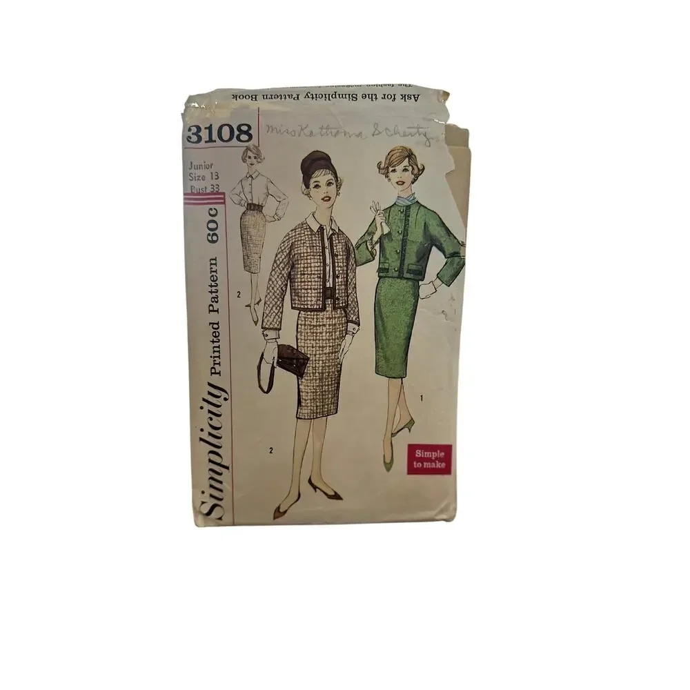 Vintage Simplicity 3108 Sewing Pattern – Junior Size 13, Bust 33